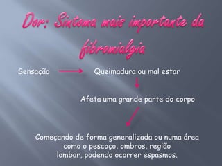 Sensação           Queimadura ou mal estar


                Afeta uma grande parte do corpo




    Começando de forma generalizada ou numa área
           como o pescoço, ombros, região
         lombar, podendo ocorrer espasmos.
 