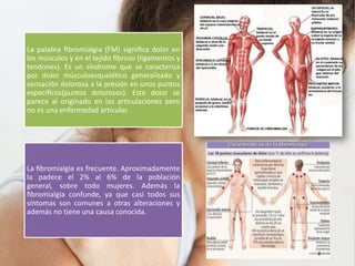 La palabra ﬁbromialgia (FM) signiﬁca dolor en
los músculos y en el tejido ﬁbroso (ligamentos y
tendones). Es un síndrome que se caracteriza
por dolor músculoesquelético generalizado y
sensación dolorosa a la presión en unos puntos
especíﬁcos(puntos dolorosos). Este dolor se
parece al originado en las articulaciones pero
no es una enfermedad articular.
La ﬁbromialgia es frecuente. Aproximadamente
la padece el 2% al 6% de la población
general, sobre todo mujeres. Además la
ﬁbromialgia confunde, ya que casi todos sus
síntomas son comunes a otras alteraciones y
además no tiene una causa conocida.
 
