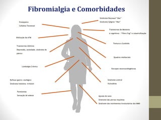 Fibromialgia e Comorbidades
Enxaqueca
Cefaleia Tensional
Transtornos Afetivos
Depressão, ansiedade, síndrome do
pânico
Disfunção da ATM
Lombalgia Crônica
Refluxo gastro- esofágico
Síndrome Intestino Irritável
Parestesias
Sensação de edema
Transtornos de Memória
e cognitivos – “Fibro Fog” e catastrofização
Tontura e Zumbido
Quadros miofasciais
Síncopes neurocardiogênicas
Síndrome uretral
Vulvodínia
Síndrome Reynaud “like”
Síndrome Sjögren “like”
Apneia do sono
Síndrome das pernas inquietas
Síndrome dos movimentos involuntários dos MMII
 