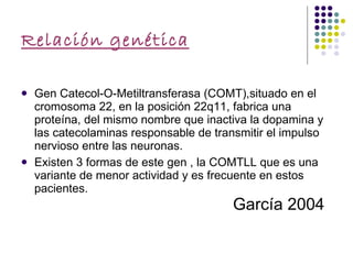 Relación genética Gen Catecol-O-Metiltransferasa (COMT),situado en el cromosoma 22, en la posición 22q11, fabrica una proteína, del mismo nombre que inactiva la dopamina y las catecolaminas responsable de transmitir el impulso nervioso entre las neuronas. Existen 3 formas de este gen , la COMTLL que es una variante de menor actividad y es frecuente en estos pacientes.  García 2004   