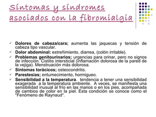 Síntomas y síndromes asociados con la fibromialgia Dolores de cabeza/cara ;  aumenta las jaquecas y tensión de cabeza tipo vascular. Dolor abdominal:  estreñimiento, diarrea, (colón irritable). Problemas genitourinarios;  urgencias para orinar, pero no signos de infección. Cistitis intersticial (inflamación dolorosa de la pared de la vejiga). Menstruación más dolorosa. Síntomas torácicos;  osteocondritis. Parestesias;  entumecimiento, hormigueo. Sensibilidad a la temperatura .  tendencia a tener una sensibilidad exagerada  a la temperatura ambiente.  A veces, se manifiesta una sensibilidad inusual al frío en las manos o en los pies, acompañada de cambios de color en la piel. Esta condición se conoce como el "Fenómeno de Raynaud ". 