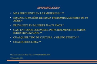 EPIDEMIOLOGIA* MAS FRECUENTE EN LAS MUJERES 9:1** EDADES 30-60 AÑOS DE EDAD. PREDOMINA MUJERES DE 50 AÑOS.* PREVALECE EN MUJERES 70 A 79 AÑOS.* CASI EN TODOS LOS PAISES. PRINCIPALMENTE EN PAISES INDUSTRIALIZADOS.** CUALQUIER TIPO DE CULTURA. Y GRUPO ETNICO.** CUALQUIER CLIMA.** * Revista de enfermerìa ROL. VOL. 33 Nº9 SEPTIEMBRE 2010. **Fibromialgia XXI. 