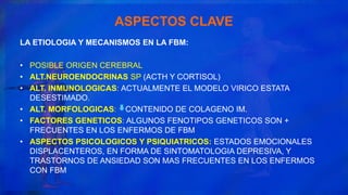 ASPECTOS CLAVE
LA ETIOLOGIA Y MECANISMOS EN LA FBM:
• POSIBLE ORIGEN CEREBRAL
• ALT.NEUROENDOCRINAS SP (ACTH Y CORTISOL)
• ALT. INMUNOLOGICAS: ACTUALMENTE EL MODELO VIRICO ESTATA
DESESTIMADO.
• ALT. MORFOLOGICAS: CONTENIDO DE COLAGENO IM.
• FACTORES GENETICOS: ALGUNOS FENOTIPOS GENETICOS SON +
FRECUENTES EN LOS ENFERMOS DE FBM
• ASPECTOS PSICOLOGICOS Y PSIQUIATRICOS: ESTADOS EMOCIONALES
DISPLACENTEROS, EN FORMA DE SINTOMATOLOGIA DEPRESIVA, Y
TRASTORNOS DE ANSIEDAD SON MAS FRECUENTES EN LOS ENFERMOS
CON FBM
 