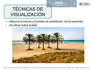 35
• Mejora la funcional y el sentido de autoeficacia de los pacientes
• No influye sobre el dolor
TÉCNICAS DE
VISUALIZACIÓN
Menzies V, Taylor AG, Bourguignon C. Effects of guided imagery on outcomes of pain, functional status, and self-efficacy in persons diagnosed with fibromyalgia. J Altern Complement Med. 2006;12:23–30.
 