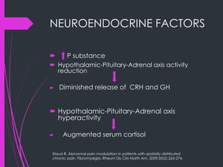 NEUROENDOCRINE FACTORS
 P substance
 Hypothalamic-Pituitary-Adrenal axis activity
reduction
 Diminished release of CRH and GH
 Hypothalamic-Pituitary-Adrenal axis
hyperactivity
 Augmented serum cortisol
Staud R. Abnormal pain modulation in patients with spatially distributed
chronic pain: Fibromyalgia. Rheum Dis Clin North Am. 2009;35(2):263-274.
 