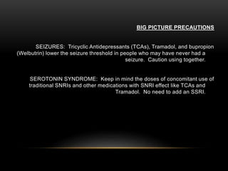 BIG PICTURE PRECAUTIONS
SEIZURES: Tricyclic Antidepressants (TCAs), Tramadol, and bupropion
(Welbutrin) lower the seizure threshold in people who may have never had a
seizure. Caution using together.
SEROTONIN SYNDROME: Keep in mind the doses of concomitant use of
traditional SNRIs and other medications with SNRI effect like TCAs and
Tramadol. No need to add an SSRI.
 
