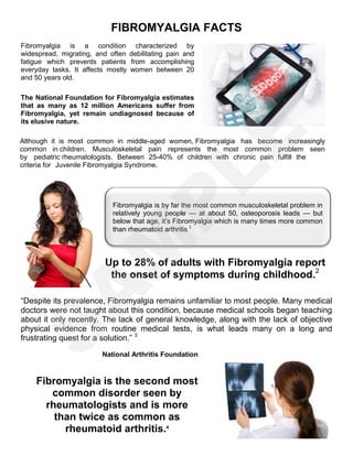 FIBROMYALGIA FACTS
Fibromyalgia is a condition characterized by
widespread, migrating, and often debilitating pain and
fatigue which prevents patients from accomplishing
everyday tasks. It affects mostly women between 20
and 50 years old.
The National Foundation for Fibromyalgia estimates
that as many as 12 million Americans suffer from
Fibromyalgia, yet remain undiagnosed because of
its elusive nature.
Although it is most common in middle-aged women, Fibromyalgia has become increasingly
common in children. Musculoskeletal pain represents the most common problem seen
by pediatric rheumatologists. Between 25-40% of children with chronic pain fulfill the
criteria for Juvenile Fibromyalgia Syndrome.
Up to 28% of adults with Fibromyalgia report
the onset of symptoms during childhood.2
“Despite its prevalence, Fibromyalgia remains unfamiliar to most people. Many medical
doctors were not taught about this condition, because medical schools began teaching
about it only recently. The lack of general knowledge, along with the lack of objective
physical evidence from routine medical tests, is what leads many on a long and
frustrating quest for a solution.” 3
National Arthritis Foundation
Fibromyalgia is the second most
common disorder seen by
rheumatologists and is more
than twice as common as
rheumatoid arthritis.4
Fibromyalgia is by far the most common musculoskeletal problem in
relatively young people — at about 50, osteoporosis leads — but
below that age, it’s Fibromyalgia which is many times more common
than rheumatoid arthritis 1
Louis A. Healy, MD
S
A
M
P
LE
 