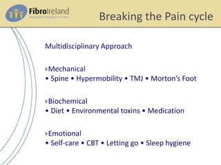 Breaking the Pain cycle
Multidisciplinary Approach
Mechanical
• Spine • Hypermobility • TMJ • Morton’s Foot
Biochemical
• Diet • Environmental toxins • Medication
Emotional
• Self-care • CBT • Letting go • Sleep hygiene
 