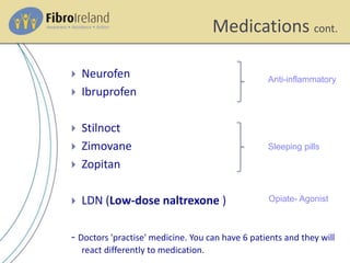 Medications cont.
 Neurofen
 Ibruprofen
 Stilnoct
 Zimovane
 Zopitan
 LDN (Low-dose naltrexone )
- Doctors 'practise' medicine. You can have 6 patients and they will
react differently to medication.
Anti-inflammatory
Sleeping pills
Opiate- Agonist
 