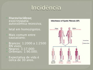 Incidência
   Mucoviscidose:
    exocrinopatia
    autossômica recessiva;
   letal em homozigotos.
   Mais comum entre
    caucasiano;
   Brancos: 1:2000 a 1:2500
    RN vivos;
   Negros: 1:17.000;
   Orientais: 1:90.000;
   Expectativa de vida é
    cerca de 30 anos.
 