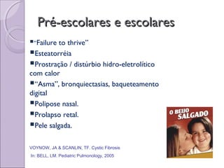 VOYNOW, JA & SCANLIN, TF. Cystic Fibrosis
In: BELL, LM. Pediatric Pulmonology, 2005
Pré-escolares e escolaresPré-escolares e escolares
“Failure to thrive”
Esteatorréia
Prostração / distúrbio hidro-eletrolítico
com calor
“Asma”, bronquiectasias, baqueteamento
digital
Polipose nasal.
Prolapso retal.
Pele salgada.
 