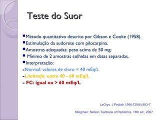 LeGrys. J Pediatr 1996;129(6):893-7
Teste do SuorTeste do Suor
Método quantitativo descrito por Gibson e Cooke (1958).
Estimulação da sudorese com pilocarpina.
Amostras adequadas: peso acima de 50 mg;
 Mínimo de 2 amostras colhidas em datas separadas.
Interpretação:
-Normal: valores de cloro < 40 mEq/L
-Limítrofe: entre 40 - 60 mEq/L
- FC: igual ou > 60 mEq/L
Kliegman: Nelson Textbook of Pediatrics, 18th ed., 2007
 