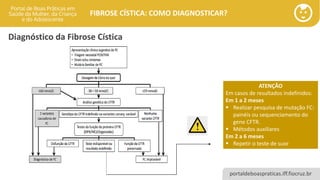 portaldeboaspraticas.iff.fiocruz.br
FIBROSE CÍSTICA: COMO DIAGNOSTICAR?
ATENÇÃO
Em casos de resultados indefinidos:
Em 1 a 2 meses
▪ Realizar pesquisa de mutação FC:
painéis ou sequenciamento do
gene CFTR.
▪ Métodos auxiliares
Em 2 a 6 meses
▪ Repetir o teste de suor
Diagnóstico da Fibrose Cística
 