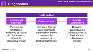 Fibrose Cística: aspectos clínicos e moleculares
Fibrose Cística: aspectos clínicos e moleculares
Diagnóstico
Estímulo da
sudorese
Por meio da
iontoforese,
utilizando-se nitrato
de pilocarpina ou
discos de
pilocarpina em gel;
Coleta do suor
Em papel filtro ou
gaze esterilizada
sem cloretos ou em
microtúbulos
(espirais de
plástico/macroduct);
Análise
Quantitativa
Dosagem
quantitativa de
cloreto através do
Cloridrômetro
(técnica de
eleição).
Teste do Suor
24
CONITEC, 2022
 