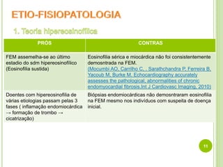 11
PRÓS CONTRAS
FEM assemelha-se ao último
estadio do sdm hipereosinofílico
(Eosinofilia sustida)
Eosinofilia sérica e miocárdica não foi consistentemente
demosntrada na FEM.
(Mocumbi AO, Carrilho C, . Sarathchandra P, Ferreira B,
Yacoub M, Burke M. Echocardiography accurately
assesses the pathological, abnormalities of chronic
endomyocardial fibrosis.Int J Cardiovasc Imaging, 2010)
Doentes com hipereosinofilia de
várias etiologias passam pelas 3
fases ( inflamação endomiocárdica
→ formação de trombo →
cicatrização)
Biópsias endomiocárdicas não demosntraram eosinofilia
na FEM mesmo nos indivíduos com suspeita de doença
inicial.
 