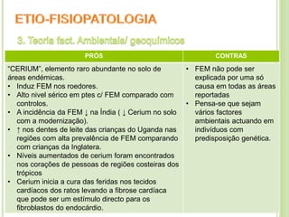 13
PRÓS CONTRAS
“CERIUM”, elemento raro abundante no solo de
áreas endémicas.
• Induz FEM nos roedores.
• Alto nivel sérico em ptes c/ FEM comparado com
controlos.
• A incidência da FEM ↓ na Índia ( ↓ Cerium no solo
com a modernização).
• ↑ nos dentes de leite das crianças do Uganda nas
regiões com alta prevalência de FEM comparando
com crianças da Inglatera.
• Níveis aumentados de cerium foram encontrados
nos corações de pessoas de regiões costeiras dos
trópicos
• Cerium inicia a cura das feridas nos tecidos
cardíacos dos ratos levando a fibrose cardíaca
que pode ser um estímulo directo para os
fibroblastos do endocárdio.
• FEM não pode ser
explicada por uma só
causa em todas as áreas
reportadas
• Pensa-se que sejam
vários factores
ambientais actuando em
indivíduos com
predisposição genética.
 