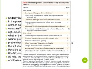 Endomyocardial fibrosis was diagnosed
 in the presence of two major criteria or one major
 criterion associated with two minor criteria
 was classified as biventricular,
 right-sided, or left-sided according to
 whether the structural lesions involved both ventricles
 without predominance of one side, only or
 predominantly the right ventricle, or only or predominantly
 the left ventricle, respectively.
 Possible scores ranged from
 0 to 35; cases with scores of 8 or less were classified
 as mild, those with scores of 8 to 15 as moderate,
 and those with scores of 15 or more as severe. 32
 