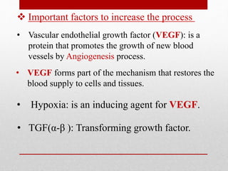 • Vascular endothelial growth factor (VEGF): is a
protein that promotes the growth of new blood
vessels by Angiogenesis process.
 Important factors to increase the process
• VEGF forms part of the mechanism that restores the
blood supply to cells and tissues.
• Hypoxia: is an inducing agent for VEGF.
• TGF(α-β ): Transforming growth factor.
 