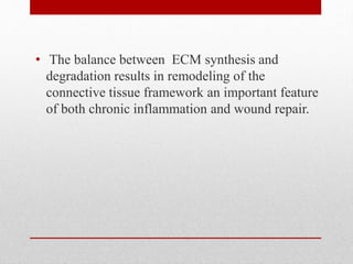 • The balance between ECM synthesis and
degradation results in remodeling of the
connective tissue framework an important feature
of both chronic inflammation and wound repair.
 