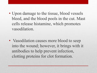 • Upon damage to the tissue, blood vessels
bleed, and the blood pools in the cut. Mast
cells release histamine, which promotes
vasodilation.
• Vasodilation causes more blood to seep
into the wound; however, it brings with it
antibodies to help prevent infection,
clotting proteins for clot formation.
 