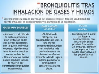 *
*Son importantes para la gravedad del cuadro clínico el tipo de solubilidad del
agente inhalado, la concentración y la duración de la exposición.
GASES MUY SOLUBLES
• Amoníaco o el dióxido
de sulfuro producen
gran irritación en las
vías aéreas superiores,
con lo que el individuo
expuesto rápidamente
intenta evitar respirar
en ese ambiente.
• Una exposición masiva
puede producir incluso
la muerte por
constricción bronquiolar
espasmódica.
GASES MENOS
SOLUBLES
•El dióxido de
nitrógeno, en
trabajadores de silos, o
una menor
concentración pueden
ser inhalados más
profundamente sin
observarse efectos
irritantes dando lugar a
edema pulmonar o
bronquiolitis
constrictiva a largo
plazo.
POLVO
MINERAL
• La exposición a suele
dar lugar a
neumoconiosis, con
restricción en las
pruebas funcionales.
Sin embargo, también
puede producir un
cuadro obstructivo en
las pequeñas vías
aéreas.
 