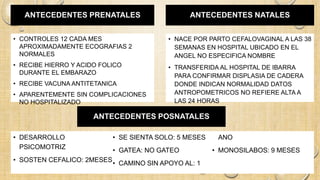 ANTECEDENTES PRENATALES ANTECEDENTES NATALES
• CONTROLES 12 CADA MES
APROXIMADAMENTE ECOGRAFIAS 2
NORMALES
• RECIBE HIERRO Y ACIDO FOLICO
DURANTE EL EMBARAZO
• RECIBE VACUNA ANTITETANICA
• APARENTEMENTE SIN COMPLICACIONES
NO HOSPITALIZADO
• NACE POR PARTO CEFALOVAGINAL A LAS 38
SEMANAS EN HOSPITAL UBICADO EN EL
ANGEL NO ESPECIFICA NOMBRE
• TRANSFERIDA AL HOSPITAL DE IBARRA
PARA CONFIRMAR DISPLASIA DE CADERA
DONDE INDICAN NORMALIDAD DATOS
ANTROPOMETRICOS NO REFIERE ALTA A
LAS 24 HORAS
ANTECEDENTES POSNATALES
• DESARROLLO
PSICOMOTRIZ
• SOSTEN CEFALICO: 2MESES
• SE SIENTA SOLO: 5 MESES
• GATEA: NO GATEO
• CAMINO SIN APOYO AL: 1
ANO
• MONOSILABOS: 9 MESES
 