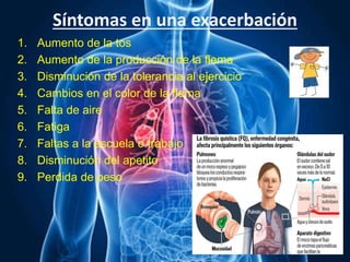Síntomas en una exacerbación
1. Aumento de la tos
2. Aumento de la producción de la flema
3. Disminución de la tolerancia al ejercicio
4. Cambios en el color de la flema
5. Falta de aire
6. Fatiga
7. Faltas a la escuela o trabajo
8. Disminución del apetito
9. Perdida de peso
 