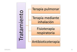 Tratamiento
Terapia pulmonar
Terapia mediante
inhalación
Fisioterapia
respiratoria
Antibioticoterapia
02/02/2015 28
 