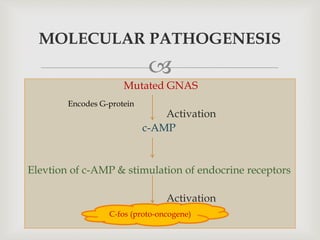 
Mutated GNAS
Activation
c-AMP
Elevtion of c-AMP & stimulation of endocrine receptors
Activation
MOLECULAR PATHOGENESIS
C-fos (proto-oncogene)
Encodes G-protein
 