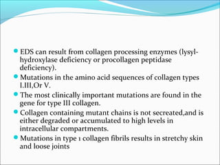 EDS can result from collagen processing enzymes (lysyl-
 hydroxylase deficiency or procollagen peptidase
 deficiency).
Mutations in the amino acid sequences of collagen types
 I.III,Or V.
The most clinically important mutations are found in the
 gene for type III collagen.
Collagen containing mutant chains is not secreated,and is
 either degraded or accumulated to high levels in
 intracellular compartments.
Mutations in type 1 collagen fibrils results in stretchy skin
 and loose joints
 