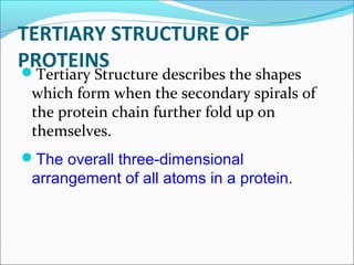 TERTIARY STRUCTURE OF
PROTEINS
 Tertiary Structure describes the shapes
 which form when the secondary spirals of
 the protein chain further fold up on
 themselves.
The overall three-dimensional
 arrangement of all atoms in a protein.
 