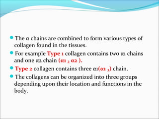 The α chains are combined to form various types of
 collagen found in the tissues.
For example Type 1 collagen contains two α1 chains
 and one α2 chain (α1 ₂ α2 ).
Type 2 collagen contains three α1(α1 ₃) chain.
The collagens can be organized into three groups
 depending upon their location and functions in the
 body.
 