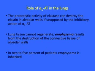 Role of α1-AT in the lungs
• The proteolytic activity of elastase can destroy the
elastin in alveolar walls if unopposed by the inhibitory
action of α1-AT
• Lung tissue cannot regenerate; emphysema results
from the destruction of the connective tissue of
alveolar walls
• In two to five percent of patients emphysema is
inherited
 