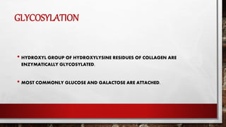 GLYCOSYLATION
• HYDROXYL GROUP OF HYDROXYLYSINE RESIDUES OF COLLAGEN ARE
ENZYMATICALLY GLYCOSYLATED.
• MOST COMMONLY GLUCOSE AND GALACTOSE ARE ATTACHED.
 