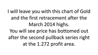 I will leave you with this chart of Gold and the first retracement after the March 2014 highs. You will see price has bottomed out after the second pullback series right at the 1.272 profit area.  