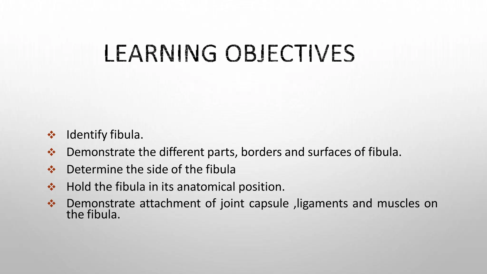  Identify fibula.
 Demonstrate the different parts, borders and surfaces of fibula.
 Determine the side of the fibula
 Hold the fibula in its anatomical position.
 Demonstrate attachment of joint capsule ,ligaments and muscles on
the fibula.
 