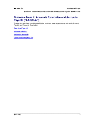 SAP AG Business Area (FI)
Business Areas in Accounts Receivable and Accounts Payable (FI-AR/FI-AP)
April 2001 15
Business Areas in Accounts Receivable and Accounts
Payable (FI-AR/FI-AP)
This section describes the role played by the “business area” organizational unit within Accounts
Payable and Accounts Receivable.
Overview [Page 16]
Invoices [Page 17]
Payments [Page 18]
Down Payments [Page 19]
 