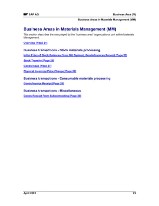 SAP AG Business Area (FI)
Business Areas in Materials Management (MM)
April 2001 23
Business Areas in Materials Management (MM)
This section describes the role played by the “business area” organizational unit within Materials
Management.
Overview [Page 24]
Business transactions - Stock materials processing
Initial Entry of Stock Balances (from Old System), Goods/Invoices Receipt [Page 25]
Stock Transfer [Page 26]
Goods Issue [Page 27]
Physical Inventory/Price Change [Page 28]
Business transactions - Consumable materials processing
Goods/Invoice Receipt [Page 29]
Business transactions - Miscellaneous
Goods Receipt From Subcontracting [Page 30]
 