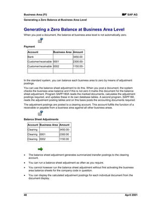 Business Area (FI) SAP AG
Generating a Zero Balance at Business Area Level
48 April 2001
Generating a Zero Balance at Business Area Level
When you post a document, the balance at business area level is not automatically zero.
Payment
Account Business Area Amount
Bank 3450.00
Customer/receivable 0001 2300.00-
Customer/receivable 0002 1150.00-
In the standard system, you can balance each business area to zero by means of adjustment
postings.
You can use the balance sheet adjustment to do this. When you post a document, the system
checks the business area balance and if this is not zero it marks this document for the balance
sheet adjustment. Program SAPF180A reads the marked documents, calculates the adjustment
postings required, and updates these in its own database tables. A second program, SAPF180,
reads the adjustment posting tables and on this basis posts the accounting documents required.
The adjustment postings are posted to a clearing account. This account fulfills the function of a
receivable or payable from a business area against all other business areas.
Balance Sheet Adjustments
Account Business Area Amount
Clearing 3450.00-
Clearing 0001 2300.00
Clearing 0002 1150.00
· The balance sheet adjustment generates summarized transfer postings to the clearing
account.
· You can run a balance sheet adjustment as often as you require.
· You cannot however run the balance sheet adjustment without first activating the business
area balance sheets for the company code in question.
· You can display the calculated adjustment postings for each individual document from the
document display.
 