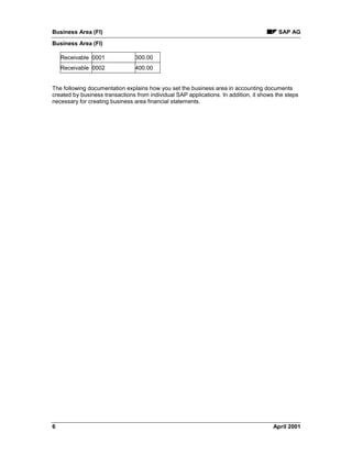 Business Area (FI) SAP AG
Business Area (FI)
6 April 2001
Receivable 0001 300.00
Receivable 0002 400.00
The following documentation explains how you set the business area in accounting documents
created by business transactions from individual SAP applications. In addition, it shows the steps
necessary for creating business area financial statements.
 