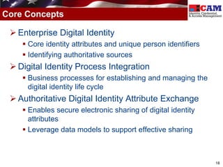 Core Concepts

  Enterprise Digital Identity
     Core identity attributes and unique person identifiers
     Identifying authoritative sources
  Digital Identity Process Integration
     Business processes for establishing and managing the
      digital identity life cycle
  Authoritative Digital Identity Attribute Exchange
     Enables secure electronic sharing of digital identity
      attributes
     Leverage data models to support effective sharing



                                                               18
 