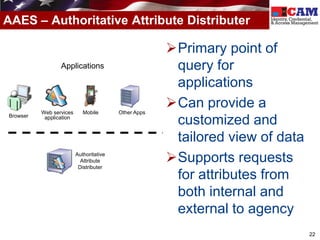 AAES – Authoritative Attribute Distributer

                                                      Primary point of
                 Applications                          query for
                                                       applications
          Web services      Mobile       Other Apps
                                                      Can provide a
Browser    application
                                                       customized and
                                                       tailored view of data
                         Authoritative
                           Attribute
                          Distributer
                                                      Supports requests
                                                       for attributes from
                                                       both internal and
                                                       external to agency
                                                                               22
 
