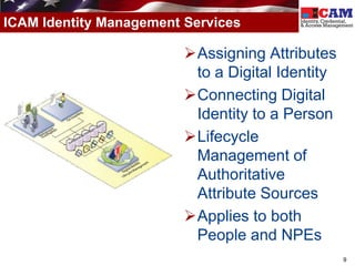 ICAM Identity Management Services

                         Assigning Attributes
                          to a Digital Identity
                         Connecting Digital
                          Identity to a Person
                         Lifecycle
                          Management of
                          Authoritative
                          Attribute Sources
                         Applies to both
                          People and NPEs
                                                  9
 