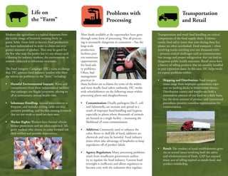 Life on                                                  Problems with                                           Transportation
                      the “Farm”                                               Processing                                              and Retail

Modern-day agriculture is a radical departure from       Most foods available at the supermarket have gone         Transportation and retail food handling are critical
the iconic image of livestock roaming freely in          through some form of processing. Not all process-         components of the food supply chain. Unfortu-
grassy fields. From field to factory, food production    ing is necessarily dangerous to consumers – but the       nately, food safety issues that arise during these key
has been industrialized in order to churn out ever-      large-scale                                               phases are often overlooked. Food transport – often
greater amounts of product. That may be good for         production                                                involving trucks traveling over one thousand miles
the few who reap the profits but it’s not always such    facilities pres-                                          – presents critical challenges such as contamination-
a blessing for industry workers, the environment, or     ent numerous                                              free storage and proper refrigeration that can lead to
animals subjected to inhumane treatment.                 opportunities                                             dangerous public health outcomes. Retail stores have
                                                         for food safe-                                            a history of selling products that are unsafely handled
The Food Integrity Campaign (FIC) exists to change       ty problems.                                              or past expiration dates. In this area, FIC helps work-
that. FIC protects food industry insiders who blow       Often, bad                                                ers expose problems within:
the whistle on problems on the “farm,” including:        management
                                                         practices in                                              •	   Shipping and Distribution: Food integrity
•	   Harmful Environmental Impacts: Waste and            these facilities are to blame for some of the widest           issues range from improper temperature expo-
     contaminants from these industrialized facilities   and most deadly food safety outbreaks. FIC works               sure on loading docks to bioterrorism threats.
     that endanger our fragile ecosystem, placing us     with whistleblowers on the following issues within             Distribution centers and warehouses hold a
     all at unnecessary, serious health risks.           processing plants and slaughterhouses:                         tremendous amount of our food on a daily basis,
                                                                                                                        but the sheer amount of product and turnaround
•	   Inhumane Handling: Animal mistreatment is           •	   Contamination: Deadly pathogens like E. coli              procedures presents countless opportunities for
     frequent, and includes driving cattle too fast,          and Salmonella can increase and spread as a               contamination.
     excessive prodding, and forcibly moving livestock        result of improper food handling and hygiene,
     that are too weak to stand on their own.                 especially in plants where thousands of animals
                                                              are housed in a single facility – increasing the
•	   Worker Rights: Workers have limited whistle-             likelihood of cross-contamination.
     blower protections and are often exploited. Mi-
     grant workers who choose to come forward risk       •	   Additives: Commonly used to enhance the
     their welfare and possible deportation.                  color, flavor or shelf life of food, additives are
                                                              chemicals and may be harmful. Food industry
                                                              titans often take advantage of loopholes to keep
                                                              ingredients off of product labels.
                                                                                                                   •	   Retail: The conduct of retail establishments gives
                                                         •	   Agency Regulation: Many processing problems               rise to several issues involving both the safety
                                                              result from insufficient government author-               and wholesomeness of foods. GAP has exposed
                                                              ity to regulate the food industry. Current food           many acts of selling expired or unsafe food, and
                                                              oversight is inefficient and allows regulators to         product mislabeling.
                                                              become cozy with the industries they regulate.
 