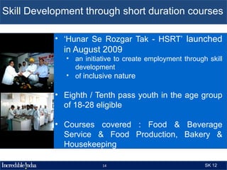 Skill Development through short duration courses

           • ‘Hunar Se Rozgar Tak - HSRT’ launched
             in August 2009
             • an initiative to create employment through skill
               development
             • of inclusive nature

           • Eighth / Tenth pass youth in the age group
             of 18-28 eligible

           • Courses covered : Food & Beverage
             Service & Food Production, Bakery &
             Housekeeping

                        14                               SK 12
 