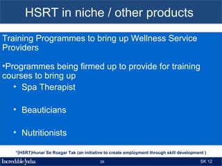HSRT in niche / other products
Training Programmes to bring up Wellness Service
Providers

•Programmes being firmed up to provide for training
courses to bring up
   • Spa Therapist

  • Beauticians

  • Nutritionists

   *(HSRT)Hunar Se Rozgar Tak (an initiative to create employment through skill development )

                                          26                                              SK 12
 