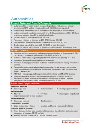 Investment Opportunities under
India’s Mega Plans
Automobiles
n
n
n
n
n
n
n
n
n
n
n
n
n
n
n
Present Status and Growth Prospects
Growth Drivers
Investment Opportunities
India is world's seventh-largest automobile producer with average annual
production of 17.5 Million vehicles, of which 2.3 Million are exported
The industry accounts for 7% of India's GDP and employs 19 Million people
Indian automobile market is estimated to be 3rd largest in the world by 2016 and
to account for more than 5% of global vehicle sales
Total turnover to be USD 145 Billion by 2016
Passenger vehicles to increase at 16% CAGR during 2013-20
Two-wheelers and three-wheelers to expand at 9% CAGR 2013-20
Tractor sales expected to grow at 8-9% CAGR in next five years
India's car market has potential to grow to 6+ Millions units annually by 2020
Growing working population and expanding middle class to drive demand; GDP
per capita in India expected to reach USD 1,869.34 by 2018
India has world's 12th largest high net worth individuals, growing at ~ 21%
Increasing disposable incomes in rural agri-sector
Presence of large pool of skilled and semi-skilled workers and strong educational
system
Favourable government policies like lower excise duties, automotive mission
plans, the constitution of National Automotive Testing and R&D Infrastructure
Project (NATRiP) etc.
R&D hub - strong support from government in setting up of NATRiP centres
Emergence of large automotive clusters in the country - Delhi-Gurgaon-
Faridabad in north, Mumbai-Pune-Nashik- Aurangabad in west, Chennai-
Bengaluru-Hosur in south and Jamshedpur-Kolkata in east
Passenger vehicles:
lPassenger cars lUtility vehicles lMulti-purpose vehicles
Two-wheelers:
lMopeds lScooters lMotorcycles (significant
opportunities exist in rural markets)
Three-wheelers:
lPassenger carriers lGoods carriers
Commercial vehicles:
lLight commercial vehicles lMedium and heavy commercial vehicles
Low cost electric vehicles:
lHuge demand for low-cost electric vehicles suited for safe short-distance urban
commutes (averaging 50-100 km/trip)
lElectric vehicles sales to be 6-7 Million units by 2020
17
 