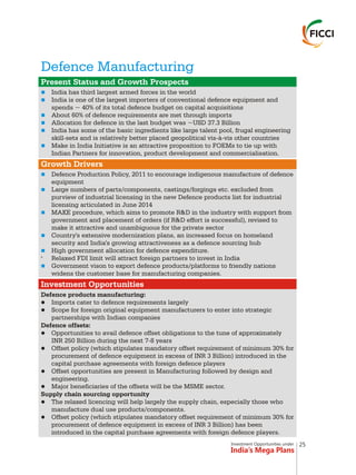 Investment Opportunities under
India’s Mega Plans
Defence Manufacturing
n
n
n
n
n
n
n
n
n
n
n
n
Present Status and Growth Prospects
Growth Drivers
Investment Opportunities
India has third largest armed forces in the world
India is one of the largest importers of conventional defence equipment and
spends ~ 40% of its total defence budget on capital acquisitions
About 60% of defence requirements are met through imports
Allocation for defence in the last budget was ~USD 37.3 Billion
India has some of the basic ingredients like large talent pool, frugal engineering
skill-sets and is relatively better placed geopolitical vis-à-vis other countries
Make in India Initiative is an attractive proposition to FOEMs to tie up with
Indian Partners for innovation, product development and commercialisation.
Defence Production Policy, 2011 to encourage indigenous manufacture of defence
equipment
Large numbers of parts/components, castings/forgings etc. excluded from
purview of industrial licensing in the new Defence products list for industrial
licensing articulated in June 2014
MAKE procedure, which aims to promote R&D in the industry with support from
government and placement of orders (if R&D effort is successful), revised to
make it attractive and unambiguous for the private sector
Country's extensive modernization plans, an increased focus on homeland
security and India's growing attractiveness as a defence sourcing hub
High government allocation for defence expenditure.
" Relaxed FDI limit will attract foreign partners to invest in India
Government vison to export defence products/platforms to friendly nations
widens the customer base for manufacturing companies.
Defence products manufacturing:
lImports cater to defence requirements largely
lScope for foreign original equipment manufacturers to enter into strategic
partnerships with Indian companies
Defence offsets:
lOpportunities to avail defence offset obligations to the tune of approximately
INR 250 Billion during the next 7-8 years
lOffset policy (which stipulates mandatory offset requirement of minimum 30% for
procurement of defence equipment in excess of INR 3 Billion) introduced in the
capital purchase agreements with foreign defence players
lOffset opportunities are present in Manufacturing followed by design and
engineering.
lMajor beneficiaries of the offsets will be the MSME sector.
Supply chain sourcing opportunity
lThe relaxed licencing will help largely the supply chain, especially those who
manufacture dual use products/components.
lOffset policy (which stipulates mandatory offset requirement of minimum 30% for
procurement of defence equipment in excess of INR 3 Billion) has been
introduced in the capital purchase agreements with foreign defence players.
25
 