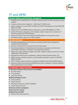 Investment Opportunities under
India’s Mega Plans
IT and BPM
n
n
n
n
n
n
n
n
n
n
n
n
n
n
n
Present Status and Growth Prospects
Growth Drivers
Investment Opportunities
IT-BPM sector constitutes 8.1% of India's GDP, accounts for 38% of India's services
exports
Largest private sector employer - delivering 3.1 Million jobs
Sector projected to touch USD 118 Billion by 2014 and expected to reach USD 225
Billion by 2020
Exports from the IT-BPM industry expected to reach USD 86Billion in 2014
India's IT industry amounts to 7% of global market, largely due to exports, IT
Services exports are USD 52 Billion.
Indian IT industry has saved clients USD 200 Billion in the past five years
The BPM industry exports are USD 23 Billion
Emerging geographies and verticals, non-linear growth due to platforms,
products and automation
Revival in demand for IT services from US and Europe
Increasing adoption of technology and telecom by consumers and focused
government initiatives - leading to increased ICT adoption
High value client additions bigger than USD 1 Million -highest in the last 5 years,
registering 13.5% growth
Emerging verticals (retail, healthcare, utilities) driving growth above 14%
SMAC (social, mobility, analytics, cloud) market expected to grow to USD 225
Billion by 2020
USD 1.6 Billion spent annually on training workforce and growing R&D spend
National Optical Fibre Network (NOFN) laid down in phases to connect 250,000
gram panchayats in the country
IT Services solutions and services around SMAC
lIS outsourcing
lIT consulting
lsoftware testing
BPM knowledge services
lData analytics
lLegal services
lBusiness Process as a Service (BPaaS)
lCloud-based services
Software product companies
Shared service centres
Engineering and R&D
lTelecom & semiconductors
29
 