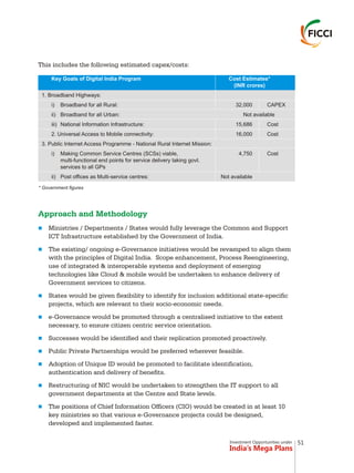 Investment Opportunities under
India’s Mega Plans
This includes the following estimated capex/costs:
* Government figures
Approach and Methodology
n
n
n
n
n
n
n
n
n
Ministries / Departments / States would fully leverage the Common and Support
ICT Infrastructure established by the Government of India.
The existing/ ongoing e-Governance initiatives would be revamped to align them
with the principles of Digital India. Scope enhancement, Process Reengineering,
use of integrated & interoperable systems and deployment of emerging
technologies like Cloud & mobile would be undertaken to enhance delivery of
Government services to citizens.
States would be given flexibility to identify for inclusion additional state-specific
projects, which are relevant to their socio-economic needs.
e-Governance would be promoted through a centralised initiative to the extent
necessary, to ensure citizen centric service orientation.
Successes would be identified and their replication promoted proactively.
Public Private Partnerships would be preferred wherever feasible.
Adoption of Unique ID would be promoted to facilitate identification,
authentication and delivery of benefits.
Restructuring of NIC would be undertaken to strengthen the IT support to all
government departments at the Centre and State levels.
The positions of Chief Information Officers (CIO) would be created in at least 10
key ministries so that various e-Governance projects could be designed,
developed and implemented faster.
51
 